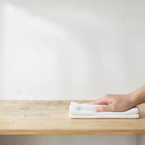 Mano limpiando el polvo de mesa con paño blanco