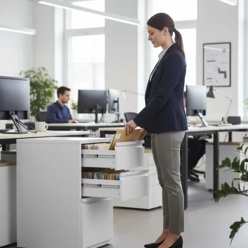 Mujer organizando carpetas en un archivador blanco de oficina