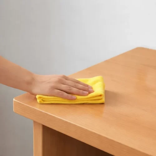 Mano pasando paño de microfibra amarillo sobre mesa de madera.