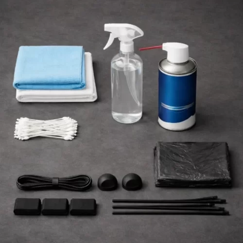 Kit con paños, aire comprimido y productos de limpieza.