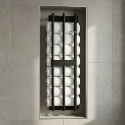 Toallero negro instalado en un nicho del baño