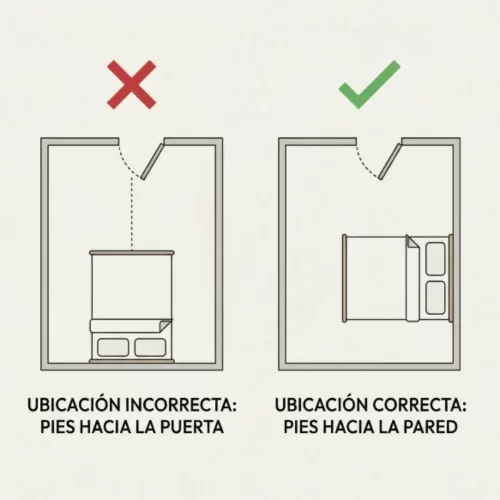 Diagrama comparativo de diferentes posiciones de la cama respecto a la puerta