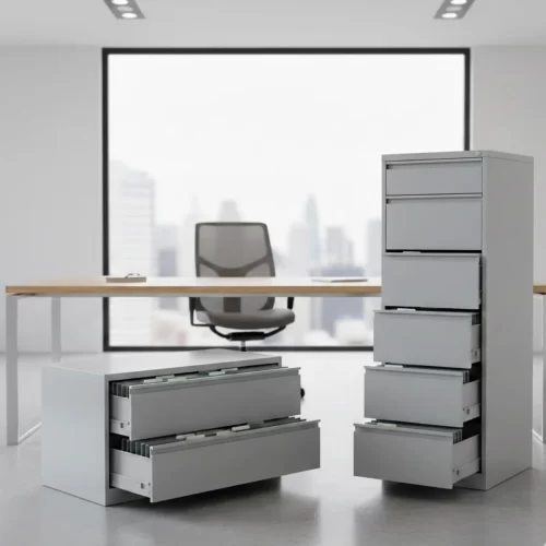 Archivador lateral y archivador vertical de oficina con cajones abiertos