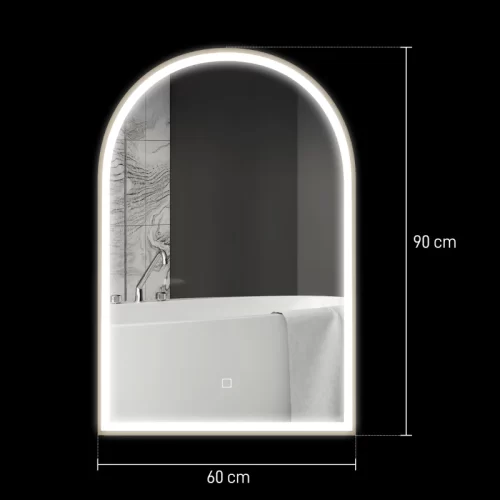 Arched LED bathroom mirror showing dimensions of 60 by 90 centimeters.