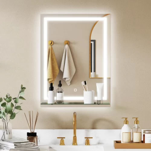 Espejo de baño rectangular con estante y luz LED.