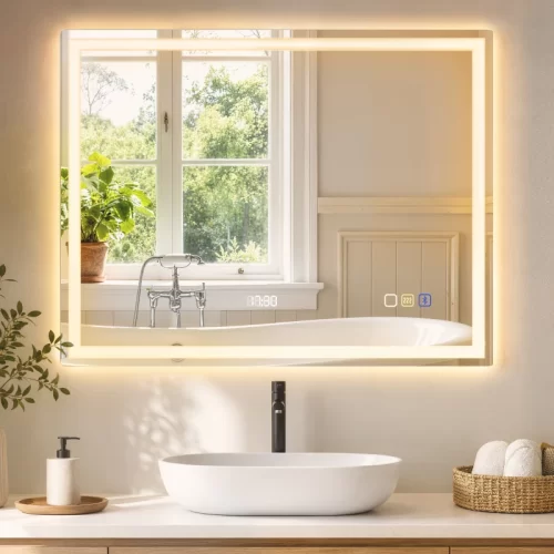 Espejo con luz cálida LED para baño sobre lavabo.   