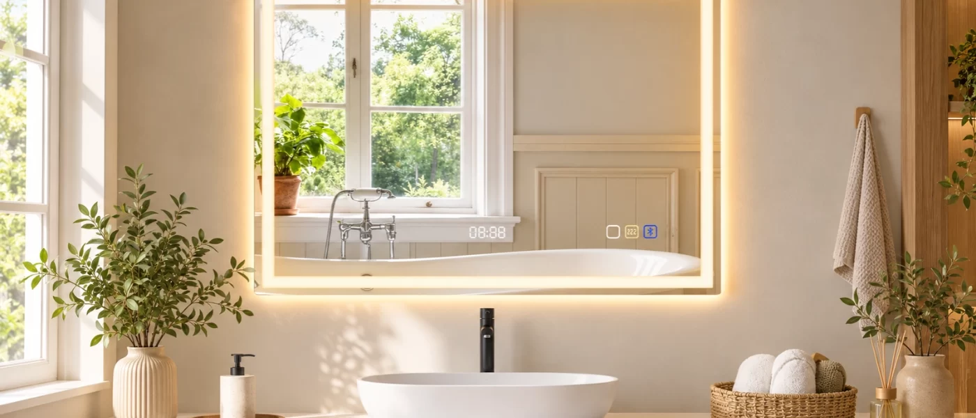Espejo moderno de baño con iluminación y pantalla digital.