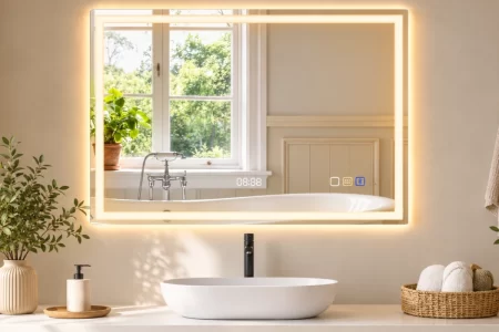 Espejo moderno de baño con iluminación y pantalla digital.