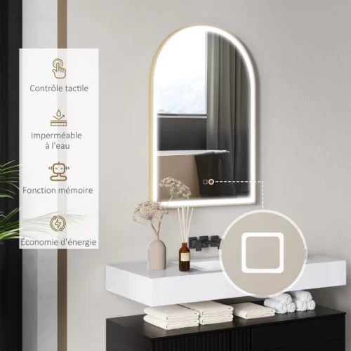 Arched LED bathroom mirror featuring touch control and energy saving functions.