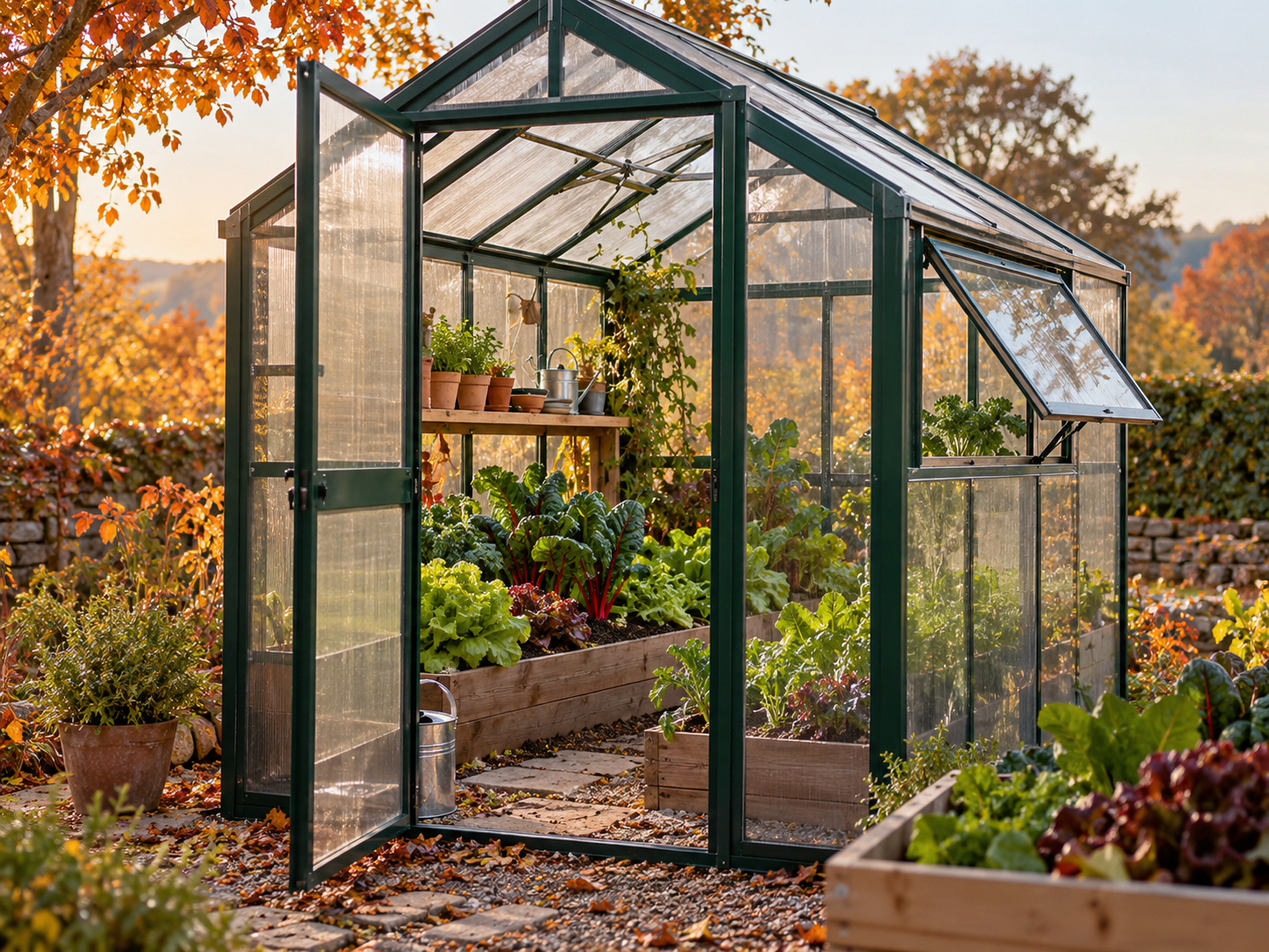 Un invernadero con puerta, ventana lateral o apertura claramente abierta para ilustrar la importancia de ventilar incluso durante el otoño.