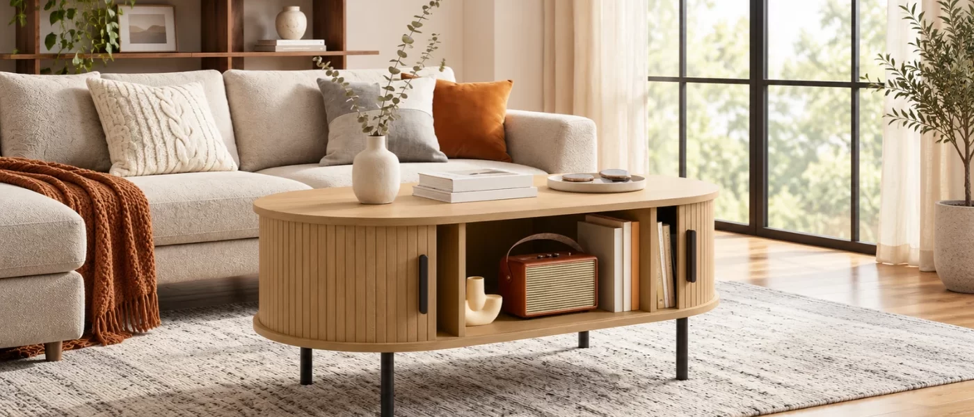 Mesa de centro ovalada de madera en salón moderno.