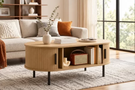 Mesa de centro ovalada de madera en salón moderno.