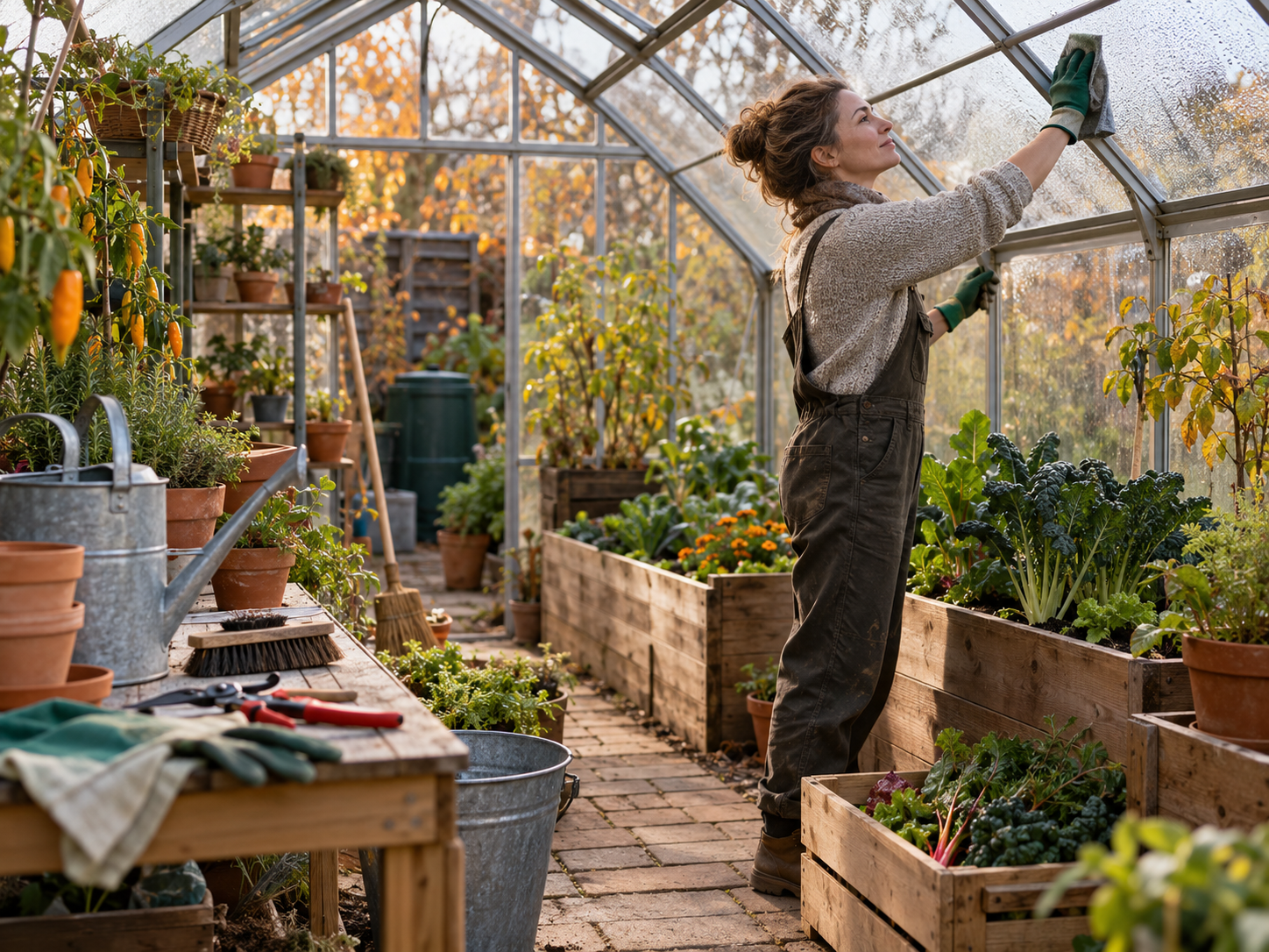 Escena de mantenimiento del invernadero antes del invierno: herramientas de jardín, limpieza, revisión de la cubierta y una persona organizando el interior.