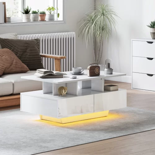 Mesa de centro blanca moderna con iluminación LED inferior.