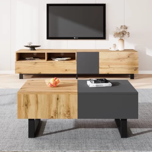 Mesa de centro moderna de madera y color gris.
