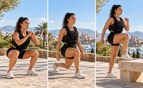 TRÍPTICO CON SENTADILLA, ZANCADA Y STEP-UP USANDO CHALECO LASTRADO.